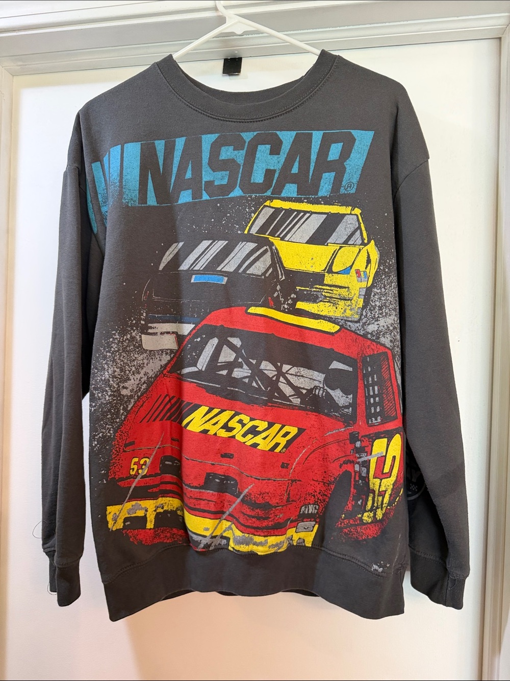 Nascar Men's Crewneck Sweater in Charcoal with Red, Yellow & Blue Racing Print